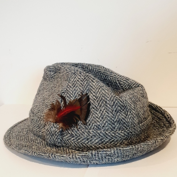 Harris Tweed Dunn & Co Hat Trilby Grey Herringbone Feather Vintage Size 7 57cm - Picture 2 of 8